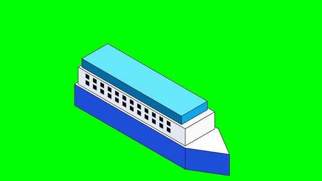 Animated Isometric Cruise Ship Sailing on Green Screen Background.