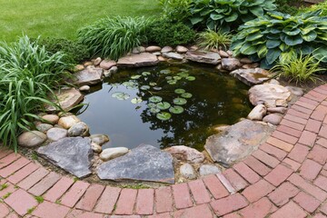 Obraz premium The Serene Stone Pond with Lily Pads in a Brick Garden