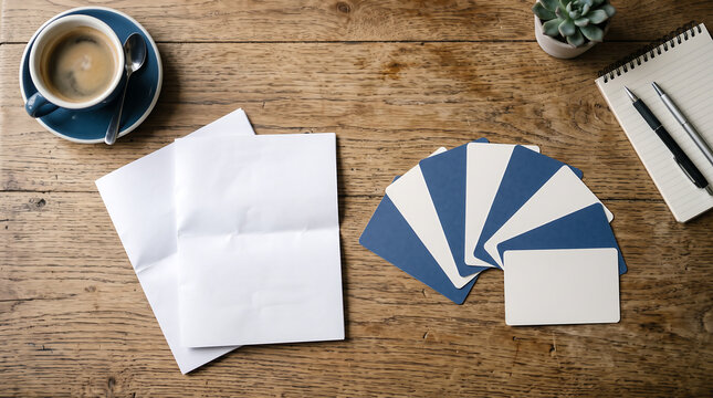 Blank Paper and Blue-White Cards Spread on Wooden Desk with Coffee
