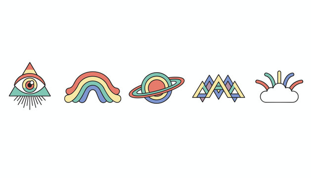 Retro psychedelic icons set featuring a third eye rainbow planet triangles and a colorful cloud over white background.