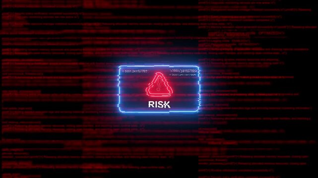 Cyber security risk alert warning sign with glitch digital code background