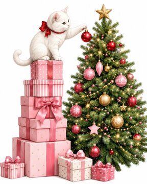 White cat playing with christmas tree ornaments and pink gift boxes
