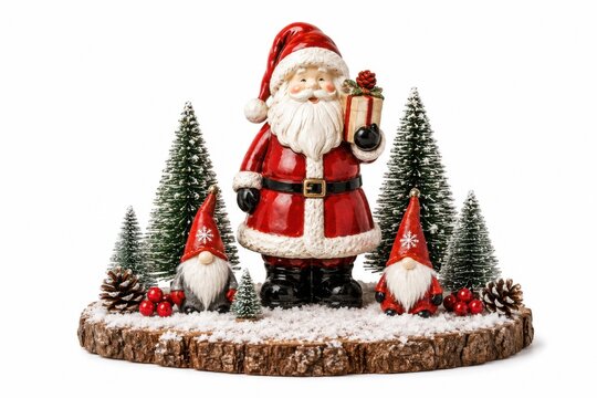 Santa claus with two gnomes and christmas trees on a wooden base