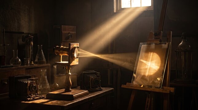 Dark photo darkroom laboratory with bright sunbeam shining on vintage enlarger equipment and prints