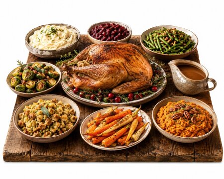 Roasted thanksgiving turkey with many traditional side dishes on wood
