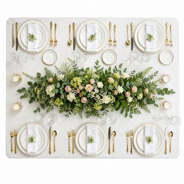 Elegant dinner table setting with floral centerpiece and gold cutlery