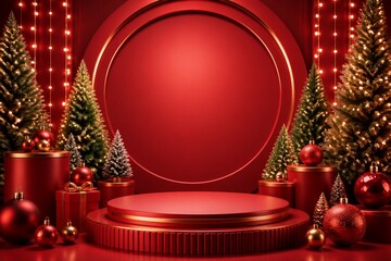 Naklejka premium Circular holiday podium surrounded by decorated christmas trees