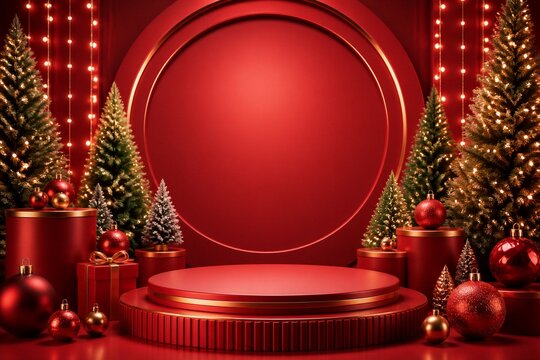 Circular holiday podium surrounded by decorated christmas trees
