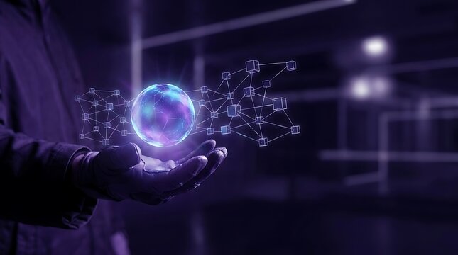 Digital blockchain network sphere floating above human hand in dark background