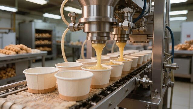 Industrial machinery dispensing batter into paper cups on a conveyor belt at a bakery production line, highlighting muffin baking, dessert manufacturing, and automated food processing