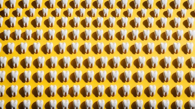 Seamless pattern of white teeth arranged in a grid. Bright yellow background creates a clean, medical aesthetic. Ideal for dental health, oral care, and hygiene content.