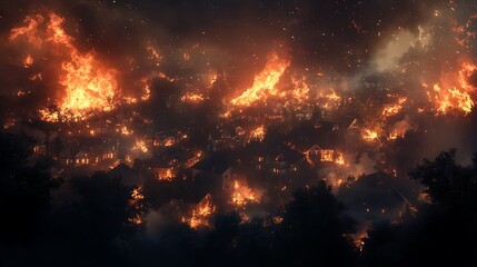 Fototapeta premium Suburban community devastated by raging wildfire high resolution picture