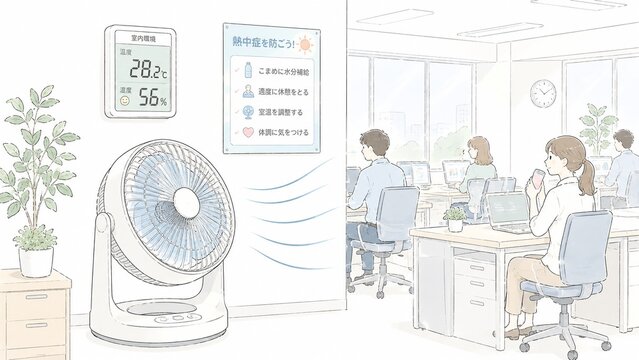 オフィスで扇風機を使用し熱中症対策の掲示がある中で働くビジネスパーソン