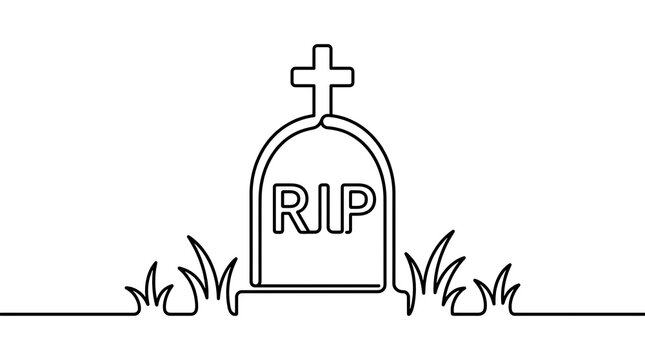 Minimal continuous line drawing of cemetery gravestone with rip text and grass detail, gravestone