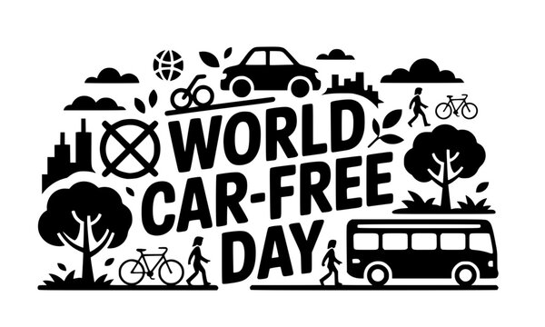 World Car-free Day typography vector illustration with public bus, cyclists, pedestrians, car silhouette, prohibition sign, trees, and city skyline in solid black doodle style isolated on white 