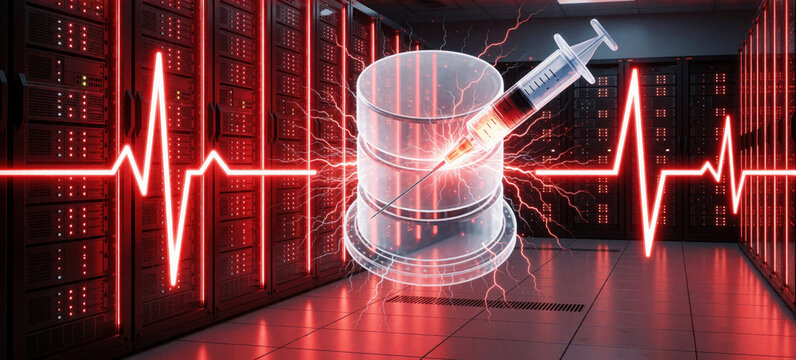 Digital SQL injection attack targets database in server room. Large syringe pierces transparent data cylinder with electric sparks. Red glowing heartbeat line shows system emergency. Cyber security