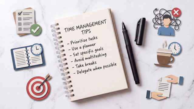 Time management tips planning notebook with productivity icons for organization scheduling and stress reduction concept