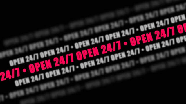 Dynamic Motion Graphics Featuring Repeating Open 24 7 Text Animation.