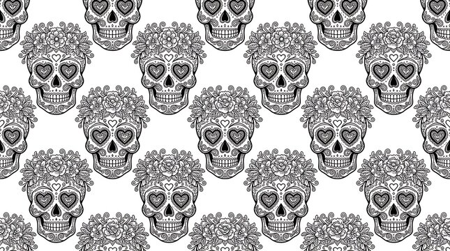 Seamless pattern of intricately decorated mexican sugar skulls for day of the dead background