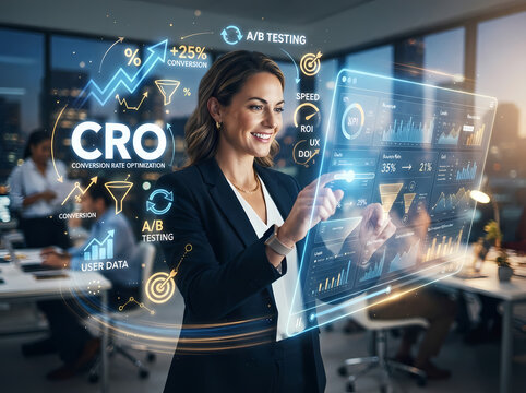 Businesswoman using digital interface for CRO and A/B testing data analysis in office.