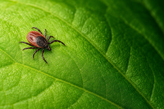 Macro Close Up of Brown Tick on Fresh Green Leaf with Copy Space
