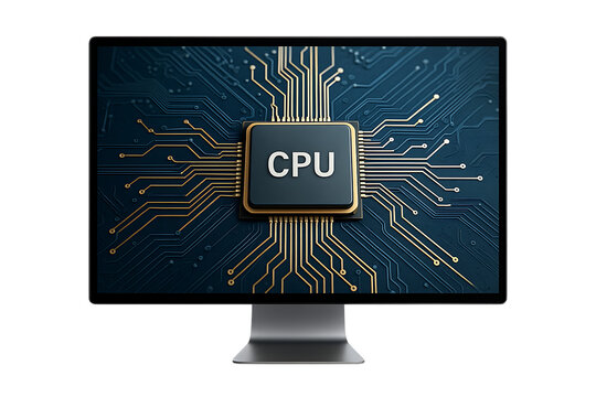 Professional computer monitor displaying central processing unit with golden traces Isolated on a Transparent Background