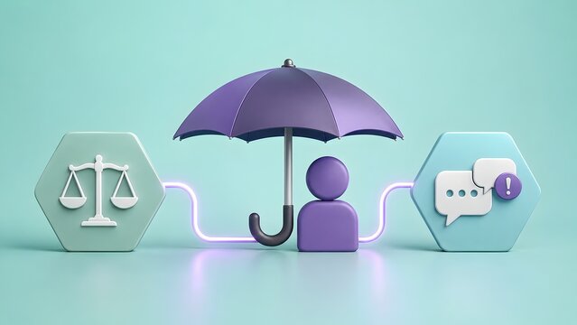 Legal insurance protection concept with justice scales umbrella and consumer feedback communication icons
