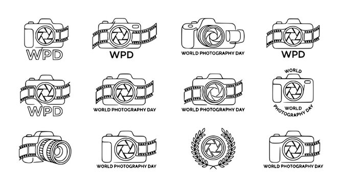 World Photography Day Camera Icons with Film Strip and WPD Text