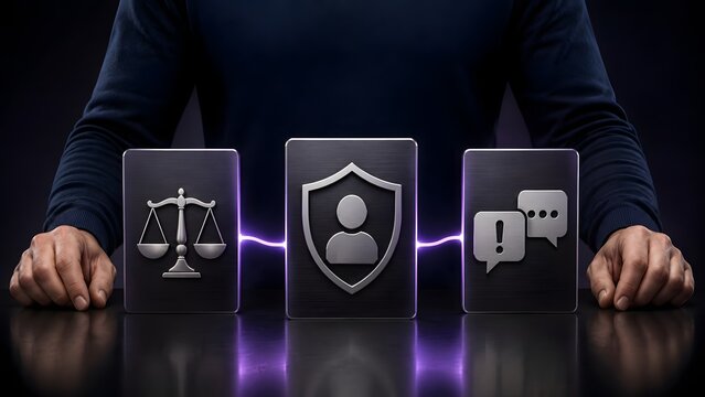 Corporate compliance and legal protection concept showing justice scales consumer shield and communication symbols