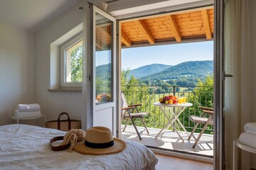 Fototapeta premium Open bedroom door reveals sunny balcony with mountain view. Terrace furniture, fruit, and drinks await. Cozy interior contrasts lush green landscape perfect for vacation retreat.