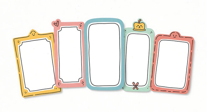 Sticker set Collection of cute frames and hand drawn kawaii doodle paper labels with a colorful border for bullet journaling and scrapbooking