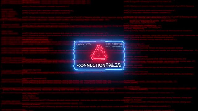 Connection failed error message with glitch digital code background, cyber security warning animation