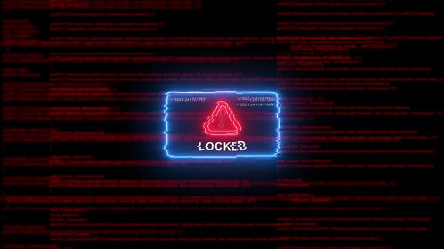 Cyber security locked warning screen with glitch effect and red programming code background, access denied