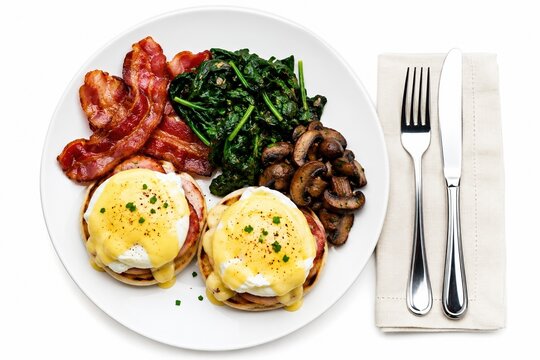 Delicious eggs benedict with crispy bacon spinach and mushrooms on plate
