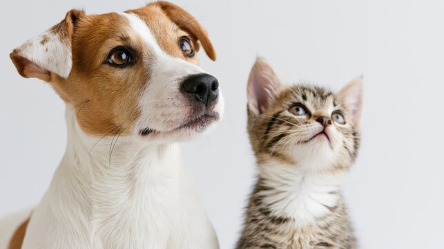 The Dog and Kitten Duo Gazing Upward in Bright Studio Light