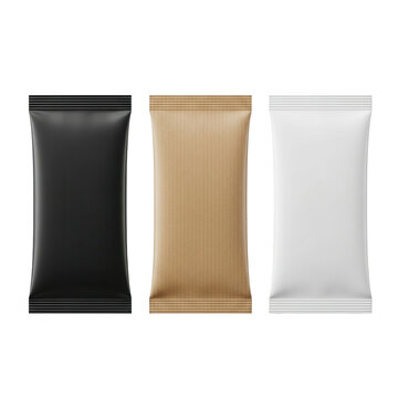 Three blank packaging sachets in black kraft and white isolated on transparent background for product design mockup