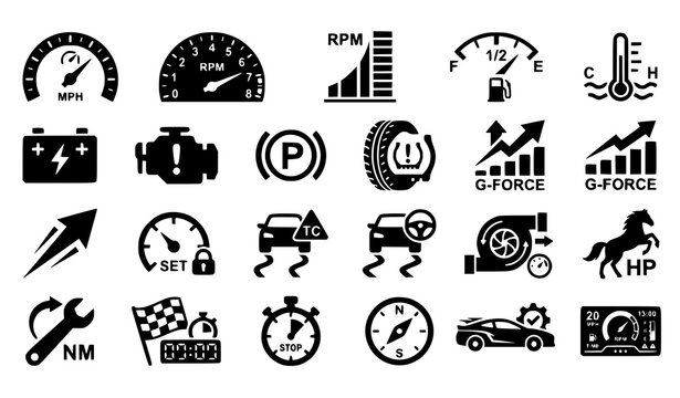 Automotive Speedometer Performance Dashboard Solid Vector Icon Set