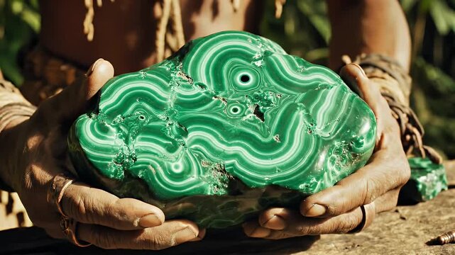 Close-up of a large, rough malachite stone with swirling green and white banding patterns being held in hands