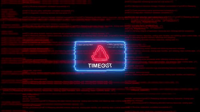Digital timeout error warning with glitch effect and scrolling red programming code background