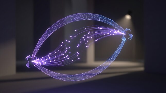 Abstract glowing energy transfer particles forming a digital eye shape