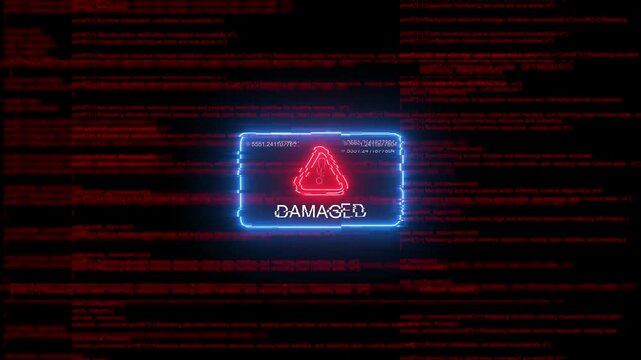 Damaged system error alert with glitch digital code background, cyber security warning sign
