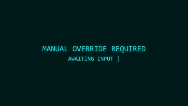 Retro Computer Terminal Screen Displaying Manual Override Required Warning Message.