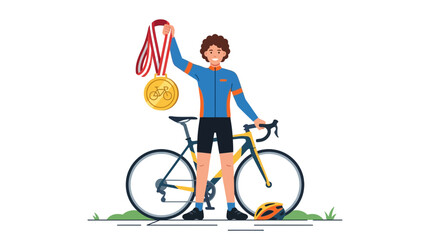 Cyclist celebrates winning a gold medal with bicycle