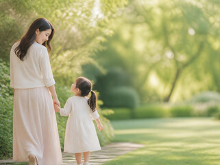 Fototapeta premium Mother and child walking hand in hand through a bright peaceful garden filled with soft green foliage and diffused sunlight, feeling of security tenderness and family connection