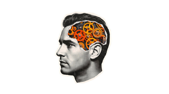 Human head profile with mechanical gears inside brain representing artificial intelligence.