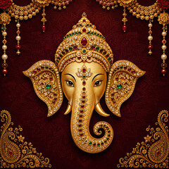 Naklejka premium Golden head of lord ganesha decorated with colorful jewels and pearls on a dark red background, with ornate hanging, floral decorations