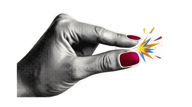 Female hand snapping fingers with colorful spark effect in halftone pop art style
