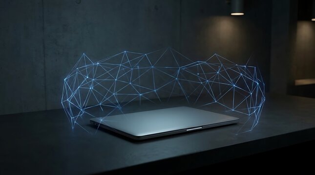 Laptop with glowing blue digital network sphere representing global data connectivity and technology