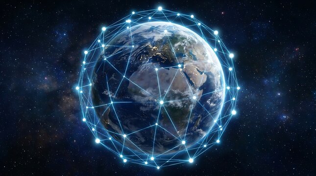 Glowing Digital Network Connected Around Planet Earth in Deep Space