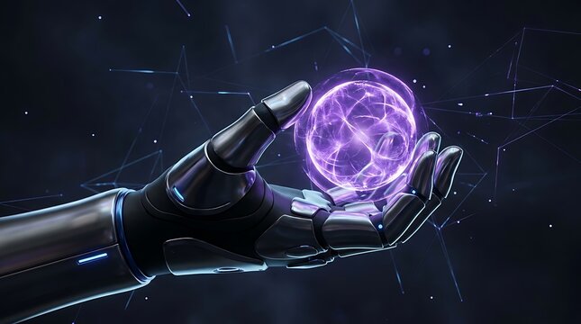 Futuristic robotic hand holding a glowing purple energy sphere in space